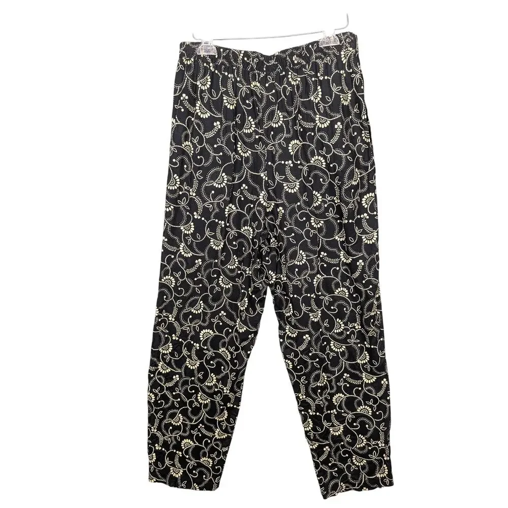 Vintage Pants Womens 14 Black Floral Print Pleated Made USA Toni Garment Boho